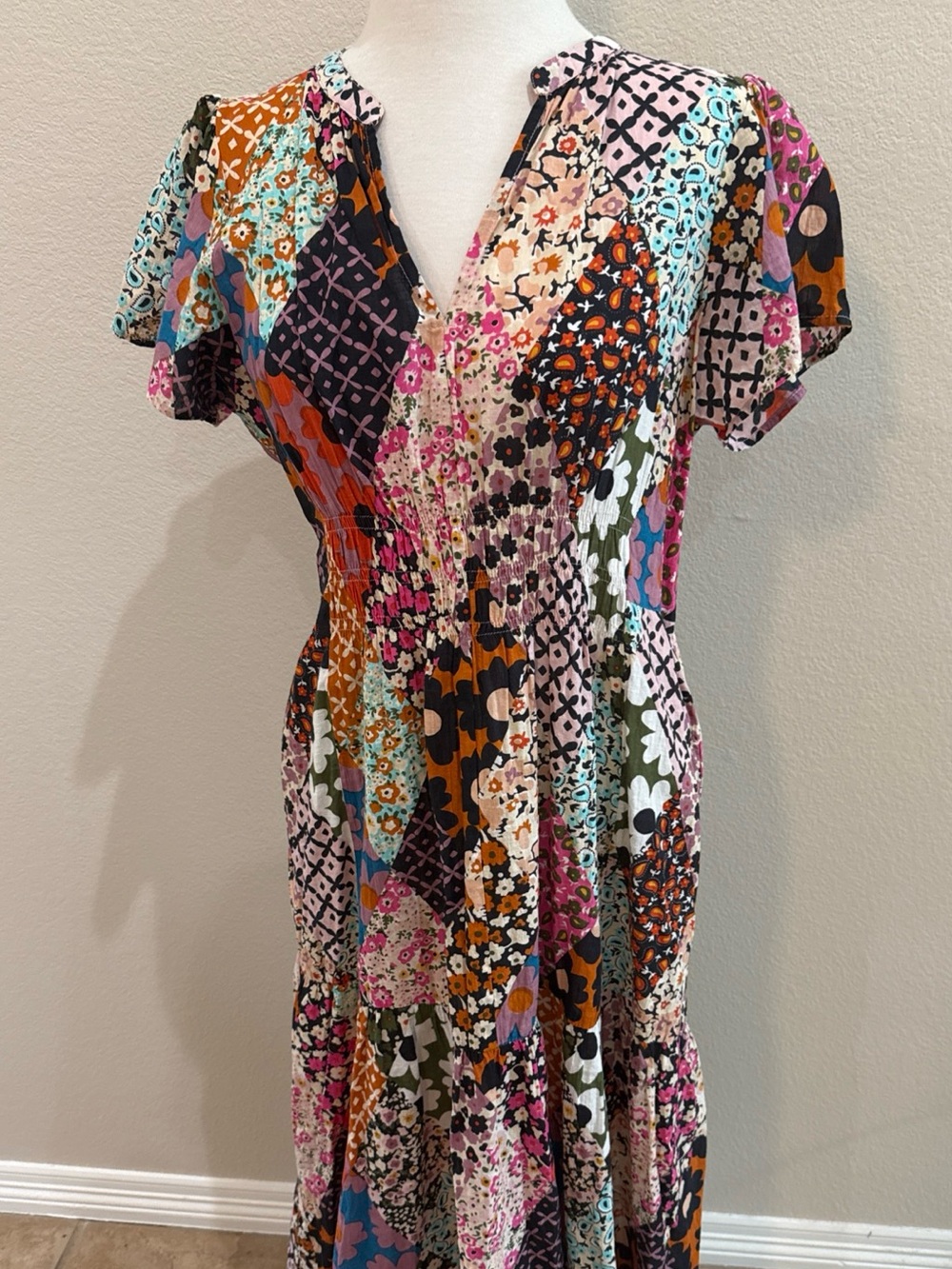 Uncle Frank 72587 Patched Up Maxi Dress Medium Cotton Multicolor Short Sleeve - Picture 2 of 7